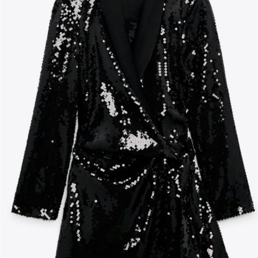 Zara Black Sequin Satin Trim Blazer Dress - Picture 4 of 5
